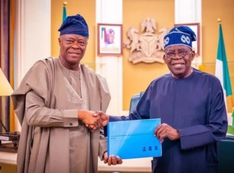 President Bola Tinubu, left, receiving the Proposal from Mr. Wale Edun, the Minister of Finance at the Presidential Villa today