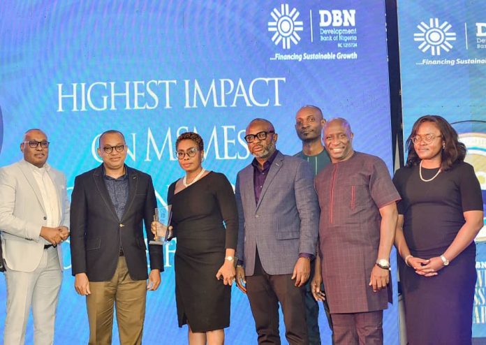 From left: Head, Corporate Services, Development Bank of Nigeria, Mr. Idris Salihu; Group Head, Business Banking, First City Monument Bank, Mr. George Ogbonnaya; Head, SheVentures of the Bank, Mrs. Nnenna Jacob-Ogogo; Head of SME Liability, Mr. Nicholas Peter; SME Analyst, Mr. Aimenya Ugba and Head, Renewable Energy, Chinma George, during the Annual Lecture Series and Awards ceremony of the DBN held on August 23, 2024 in Lagos. FCMB won the awards of 