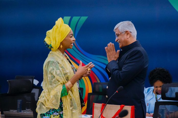 L-R: Hon. Minister of Art, Culture, Tourism and the Creative Economy Hon. Hannatu Musa Musawa exchanging Pleasantries with Union Minister of Culture and Tourism of India, Gajendra Singh Shekhawat at the G20 Ministers of Culture Meeting in Salvador, Brazil at the weekend