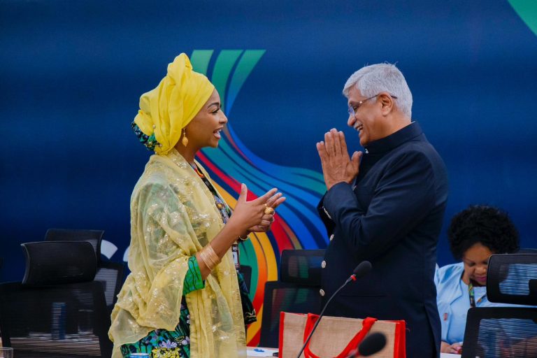 L-R: Hon. Minister of Art, Culture, Tourism and the Creative Economy Hon. Hannatu Musa Musawa exchanging Pleasantries with Union Minister of Culture and Tourism of India, Gajendra Singh Shekhawat at the G20 Ministers of Culture Meeting in Salvador, Brazil at the weekend