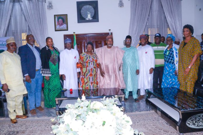 6th Right, Honourable Minister of State Federal Ministry of Humanitarian Affairs and Poverty Reduction Hon Dr Yusuf Tanko Sununu 7th Right, Deputy Governor Plateau State Her Excellency Josephine Piyo, 8th Right, Honourable Federal Commissioner National Commission for Refugees Migrants and Internally Displaced Persons NCFRMI Tijani Aliyu Ahmed and other dignitaries during the courtesy visit to the Deputy Governor on Monday 2nd December 2024, at her official Resident in Jos Plateau State