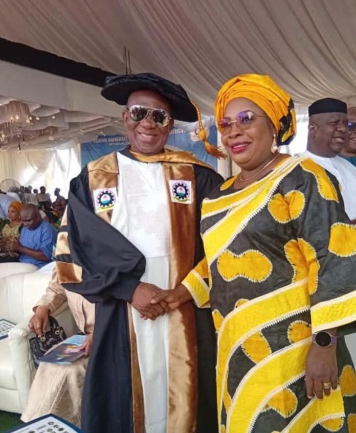 High Chief Dr. Leemon Ikpea, CON, FNSE, being congratulated on His Honorary Doctor of Engineering from FUPRE by the President and Chairman-in-Council of the Nigerian Society of Engineers (NSE), Engr. Margaret Aina Oguntala, FNSE.