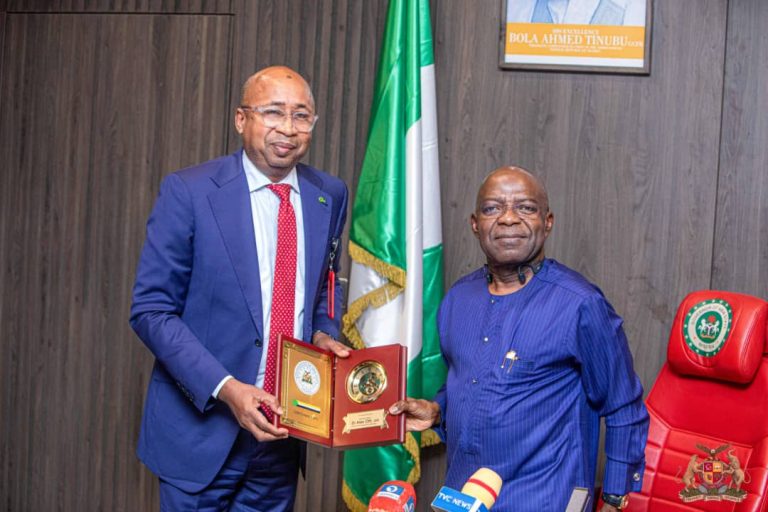 Dr. Alex Otti, OFR, Abia State Governor, right, with Alhaji Haruna Jalo-Waziri, Managing Director/Chief Executive Officer of CSCS during a Meeting in Umuahia recently PHOTO: Courtesy Abia State Government House