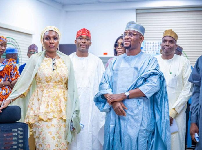 L-R Director General National Emergency Management Agency (NEMA) Mrs Zubaida Umar, Member House of Representatives Ad-Hoc Community on Flood Management and Response Mukhtar Zakari, Chairman of the Committee Dr Midala Balami and a member of the Committee Hon Mohammed Jajare in the Emergency Coordination Centre of NEMA during the familiarization visit of the Committee to the Agency's Headquarters in Abuja on Tuesday 2nd September, 2025