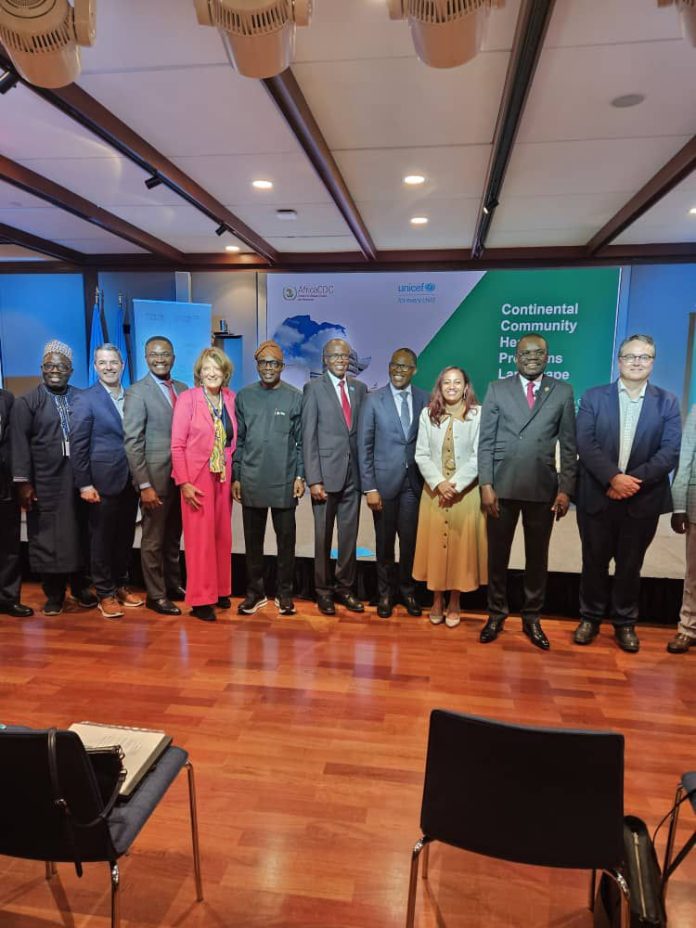 PHOTO-NEWS: GROUP PICTURE: @the African CDC 2nd Taskforce Meeting of the Community Health Continental Coordination Mechanism (CCM) Principals on 23 September 2025, at UNICEF Headquarters in New York, on the sidelines of the 80th United Nations General Assembly (UNGA). 5th from Left: Dr. Iziaq Adekunle Salako Honourable Minister of State for Health & Social Welfare; surrounded by his counterparts from other African Countries & UNICEF officials. Extreme Left: Dr. Kamil Shoretire Director Health Planning Research & Statistics Department
