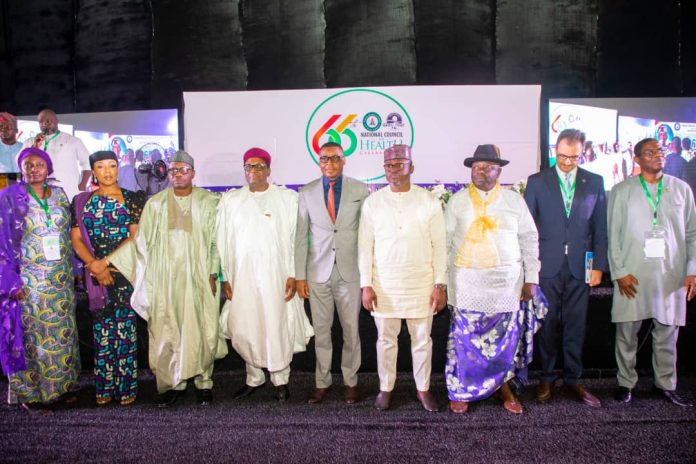 GROUP PICTURE: L-R: Permanent Secretary FMoHSW Daju Kachollom mni; Senior Special Assistant on Public Health to The President Uju Rochas-Anwukah; Dr. Iziaq Adekunle Salako Honourable Minister of State for Health & Social Welfare; Professor Muhammad Ali Pate CON, Honourable Coordinating Minister of Health & Social Welfare; The Deputy Governor Cross-River State Rt. Honourable Peter Odey. 3rd from Right: Dr. Henry Egbe Ayuk; Next to him: World Health Organization Country Representative Dr. Pavel Ursu