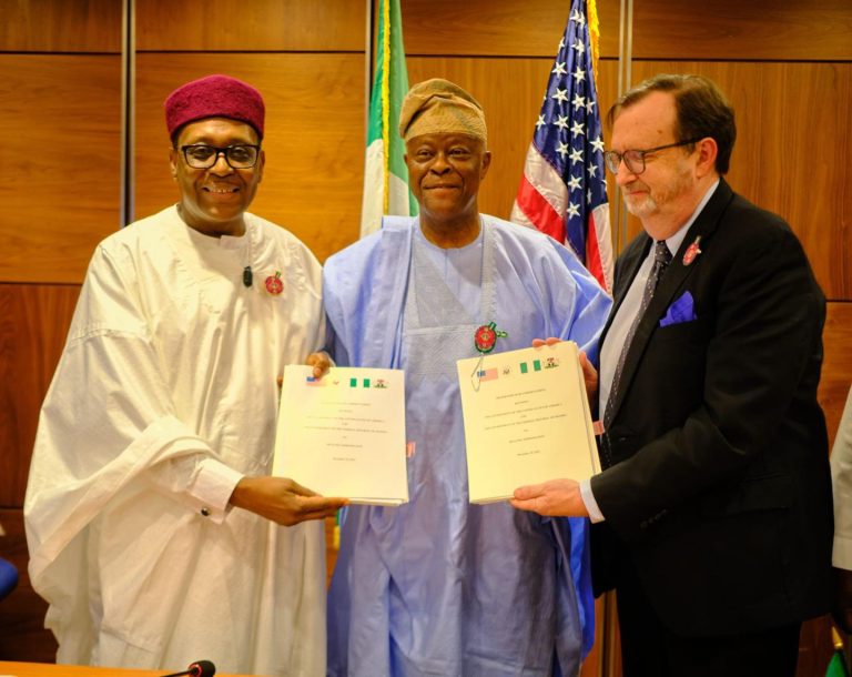 L-R: Coordinating Minister of Health and Social Welfare, Prof. Muhammad Ali Pate, Minister of Finance, Mr. Wale Edun, and United States Ambassador to Nigeria, Mr. Richard M. Mills Jnr., during the signing of a landmark technical Memorandum of Understanding, MoU, between the Nigerian Government and the United States to deepen bilateral health cooperation and strengthen health security in Abuja, last week.
