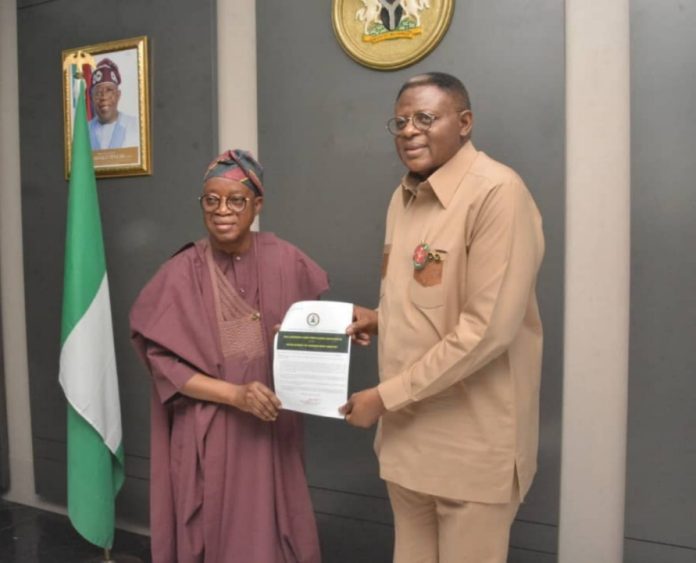 Cross River State Governor Bassey Otu and Minister of Marine and Blue Economy, Adegboyega Oyetola, when the Governor received the Certificate of Compliance for the Bakassi Seaport as approved by the Federal Executive Council at the Minister’s Office in Abuja on Wednesday, December 17, 2025.