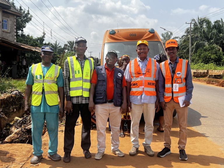 NEMA officials inspecting post-flood conditions in Anambra State. Pictured are, from left, Ezeani Udemezue, Manzo Ezekiel, and other agency representatives