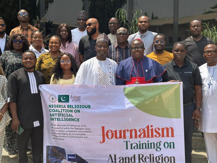 A cross-section of journalists with Director, Institute of Church and Society, Ibadan, Very Rev. Kolade Fadahunsi; Administrative Secretary, Jama’atu Nasril Islam, Mallam Yusuf Ahmed Bida; General Secretary, Christian Council of Nigeria, Bishop Evans Onyemara; and AI Safety Researcher, Godwin Faruna, during a Journalism Training on Artificial Intelligence and Religion organised by the Nigeria Religious Coalition on Artificial Intelligence in Abuja.