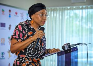 Founder and Director of the Book Buzz Foundation, Lola Shoneyin, speaking during the launch of 20 Nigerian children’s picture books in Abuja.